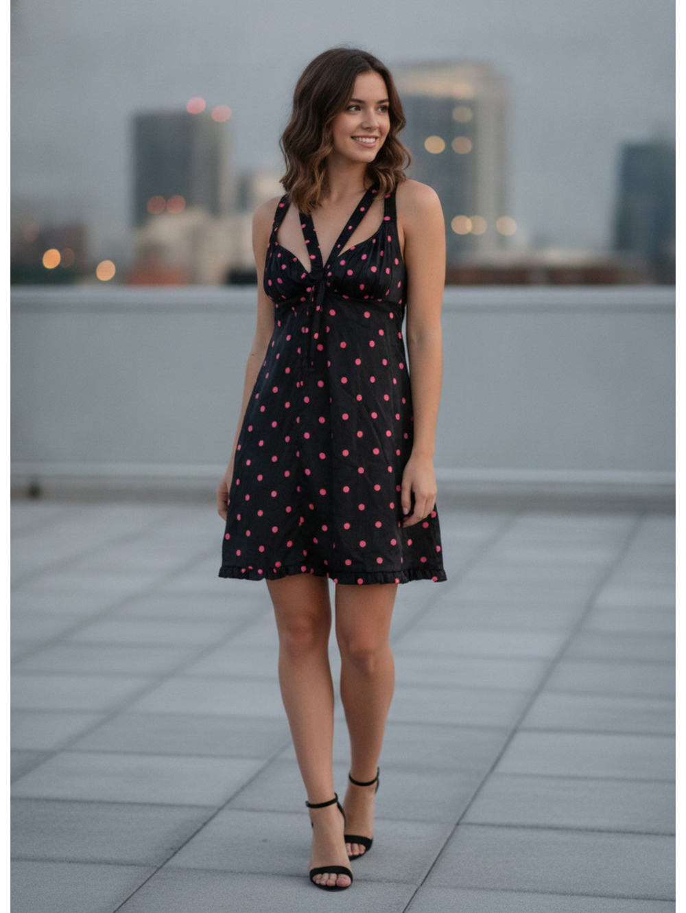 Black and Pink Polka Dot Sleeveless Mini Dress